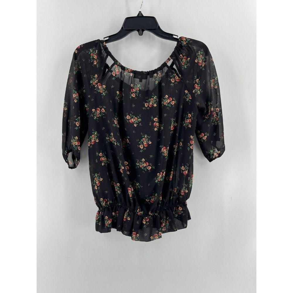 Guess Women's Sheer Short Sleeve Black Floral Peasant Boho Top Blouse Size XS - Picture 3 of 15